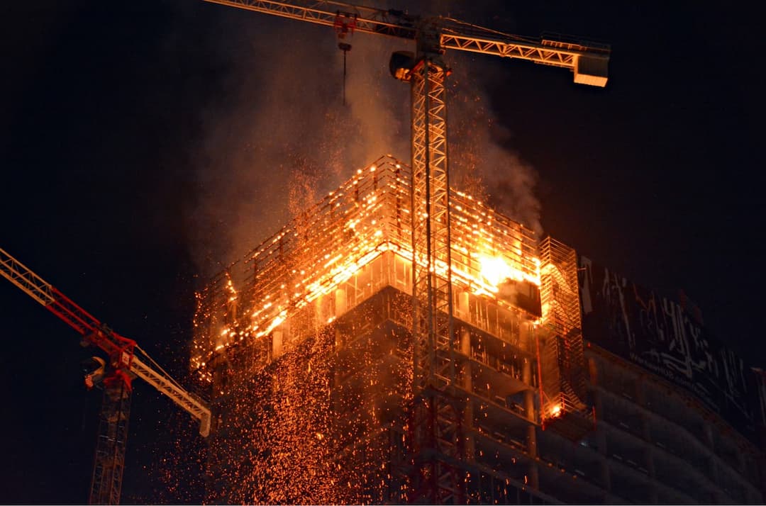 Construction building on fire