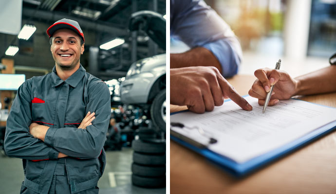 collage of automobile worker and insurance document