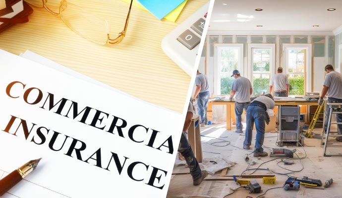 collage of business insurance document and a professional team working on remodeling