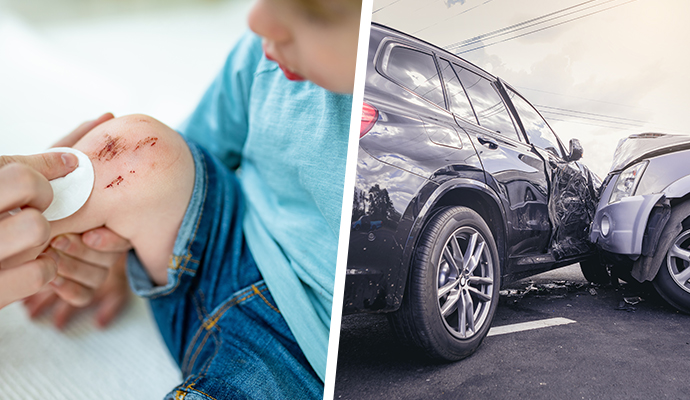 collage of injured child and car crash