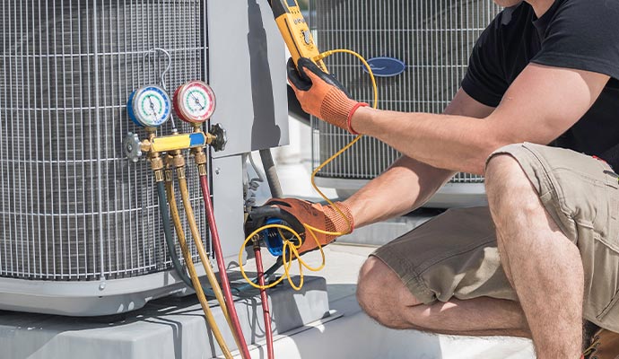 hvac technician working on HVAC system with tools